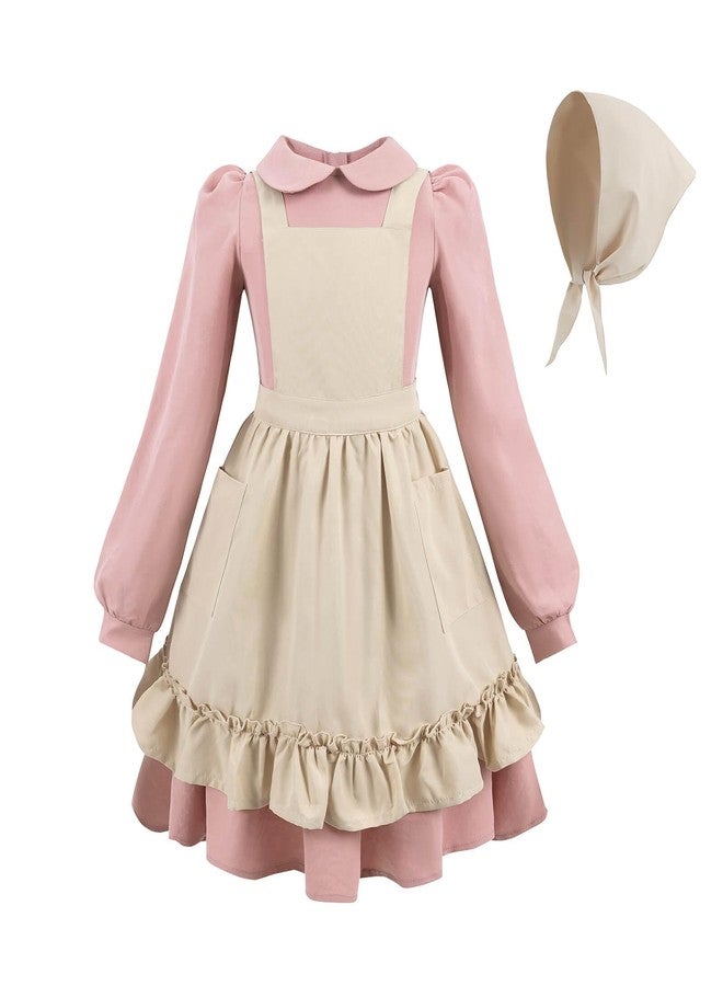 Nuoqi Prairie Dress Girls Pioneer Colonial Costume Long Sleeve 1800s Victorian Dress with Apron 8-9, Pink - Image 1
